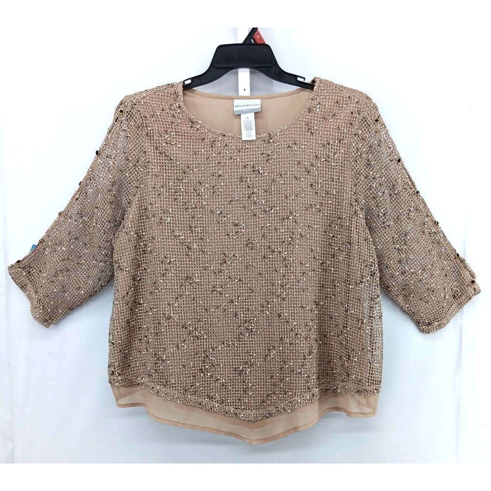 Alfred Dunner Blouse Women Size PXL Brown Mesh Lined 3/4 Slit Sleeve Round Neck